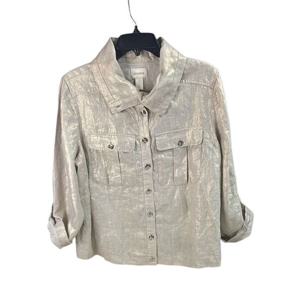 CHICO’S Women’s Gold Metallic Buttonup Linen Tab Sleeves Blouse Sz 1 Petite - Picture 1 of 7